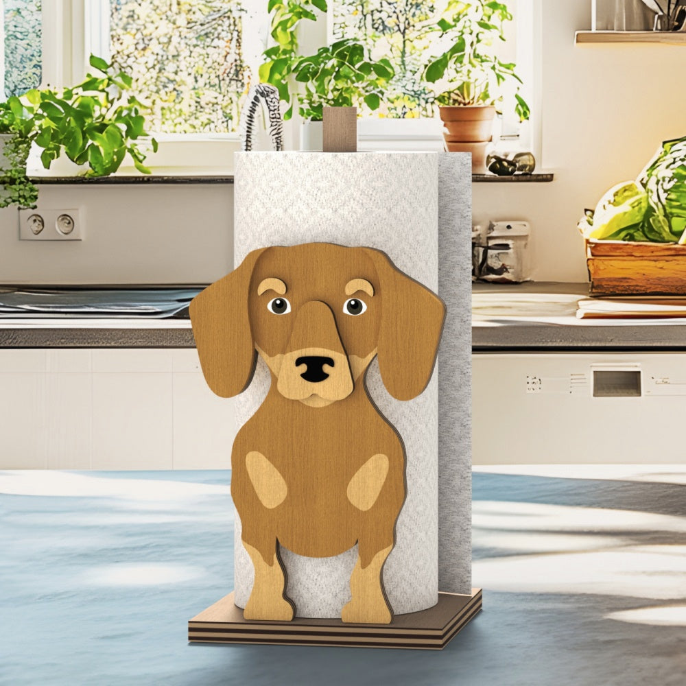 Dachshund Wooden Dog Paper Towel Holder displayed on a kitchen countertop with a freestanding paper towel roll