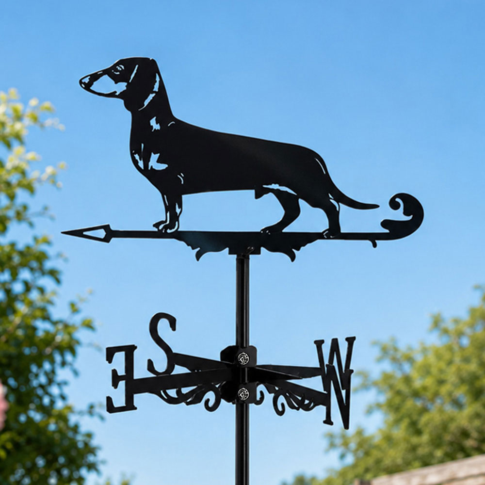 Dachshund metal weather vane with directional arrows and mounting rod, outdoor roof and garden decoration