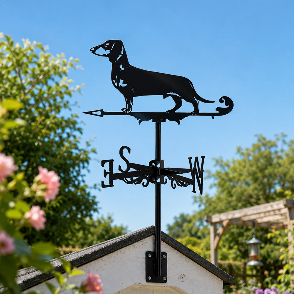 Dachshund metal weather vane with directional arrows and mounting rod, outdoor roof and garden decoration