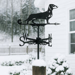 Dachshund metal weather vane with directional arrows and mounting rod, outdoor roof and garden decoration