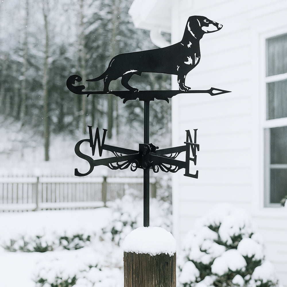 Dachshund metal weather vane with directional arrows and mounting rod, outdoor roof and garden decoration