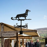 Dachshund metal weather vane with directional arrows and mounting rod, outdoor roof and garden decoration