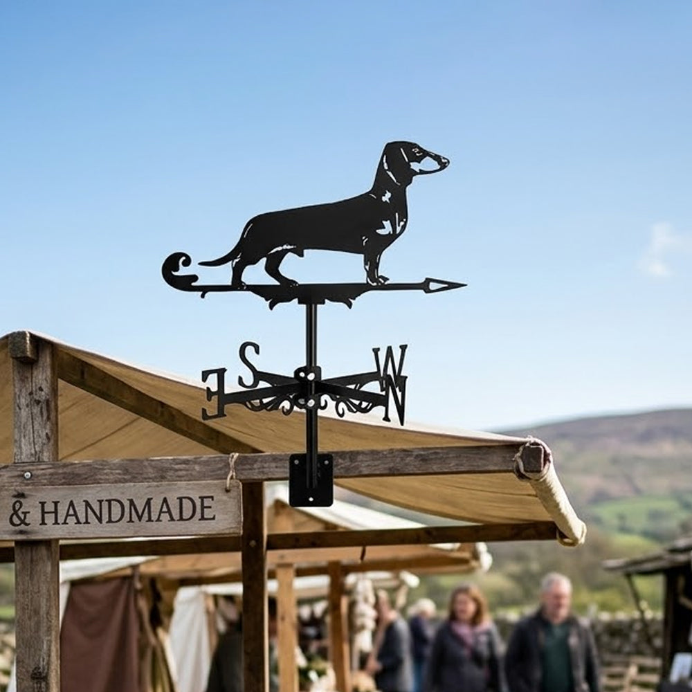 Dachshund metal weather vane with directional arrows and mounting rod, outdoor roof and garden decoration