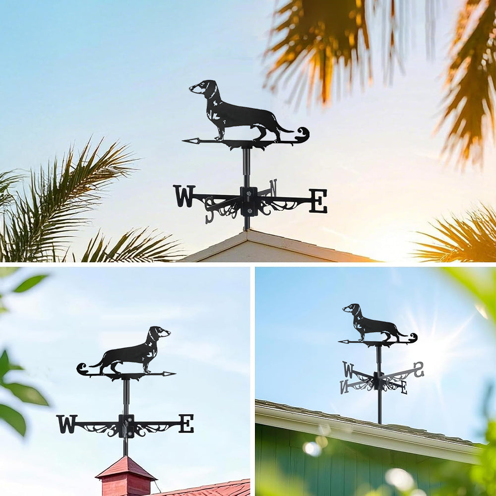 Dachshund metal weather vane with directional arrows and mounting rod, outdoor roof and garden decoration