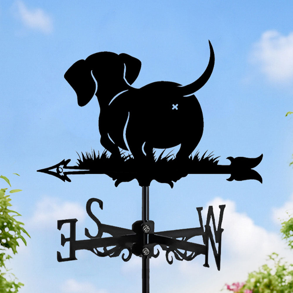 Dachshund metal weather vane with directional arrows and mounting rod, outdoor roof and garden decoration