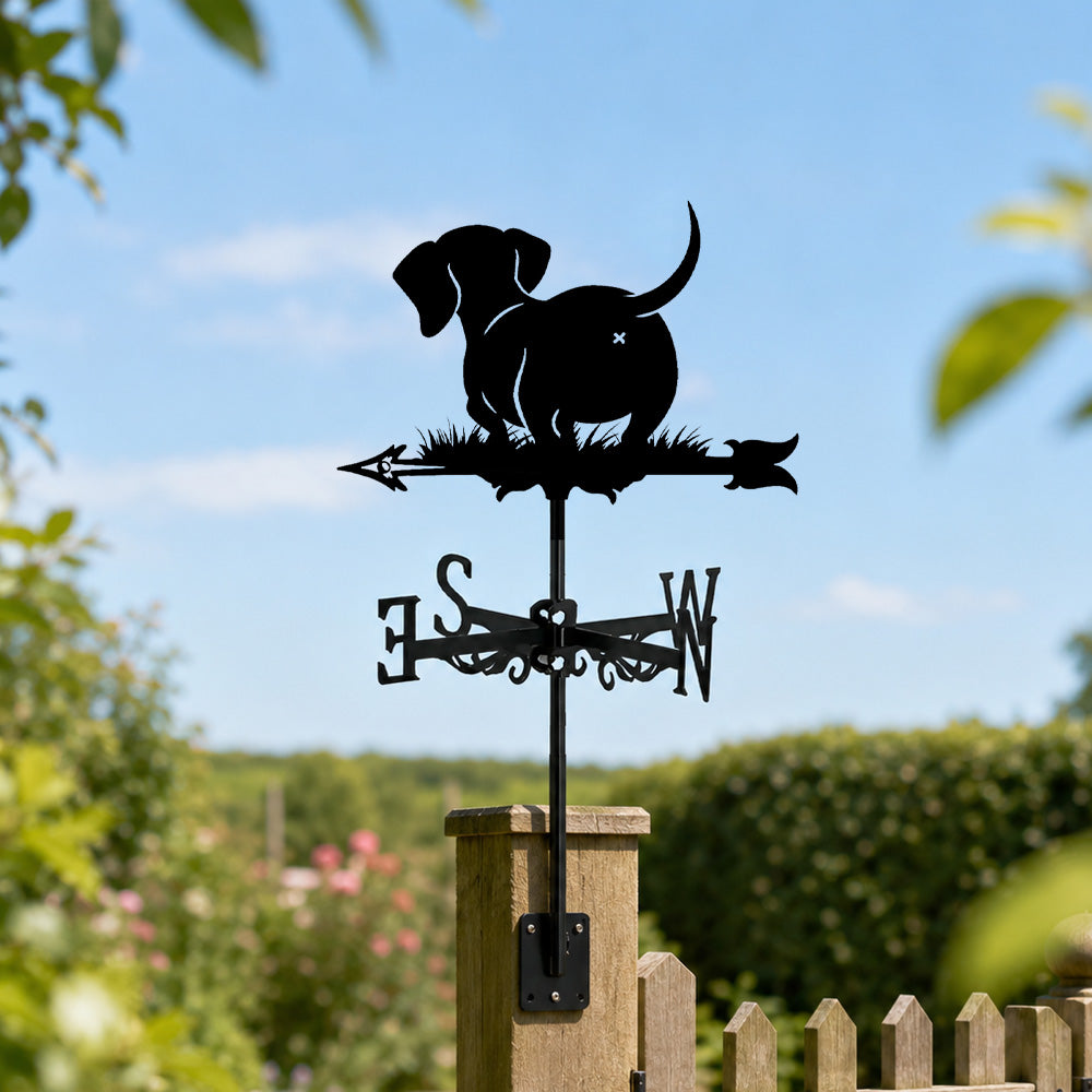 Dachshund metal weather vane with directional arrows and mounting rod, outdoor roof and garden decoration