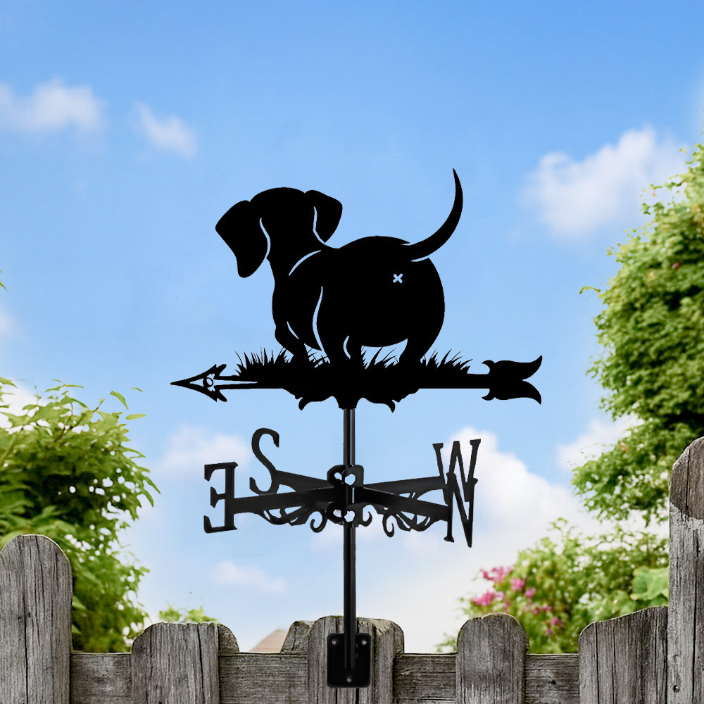 Dachshund metal weather vane with directional arrows and mounting rod, outdoor roof and garden decoration