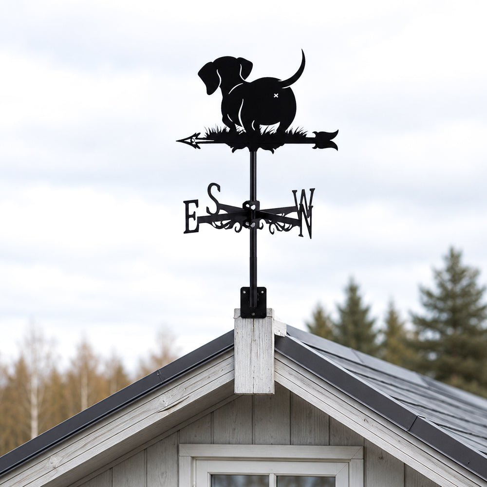 Dachshund metal weather vane with directional arrows and mounting rod, outdoor roof and garden decoration
