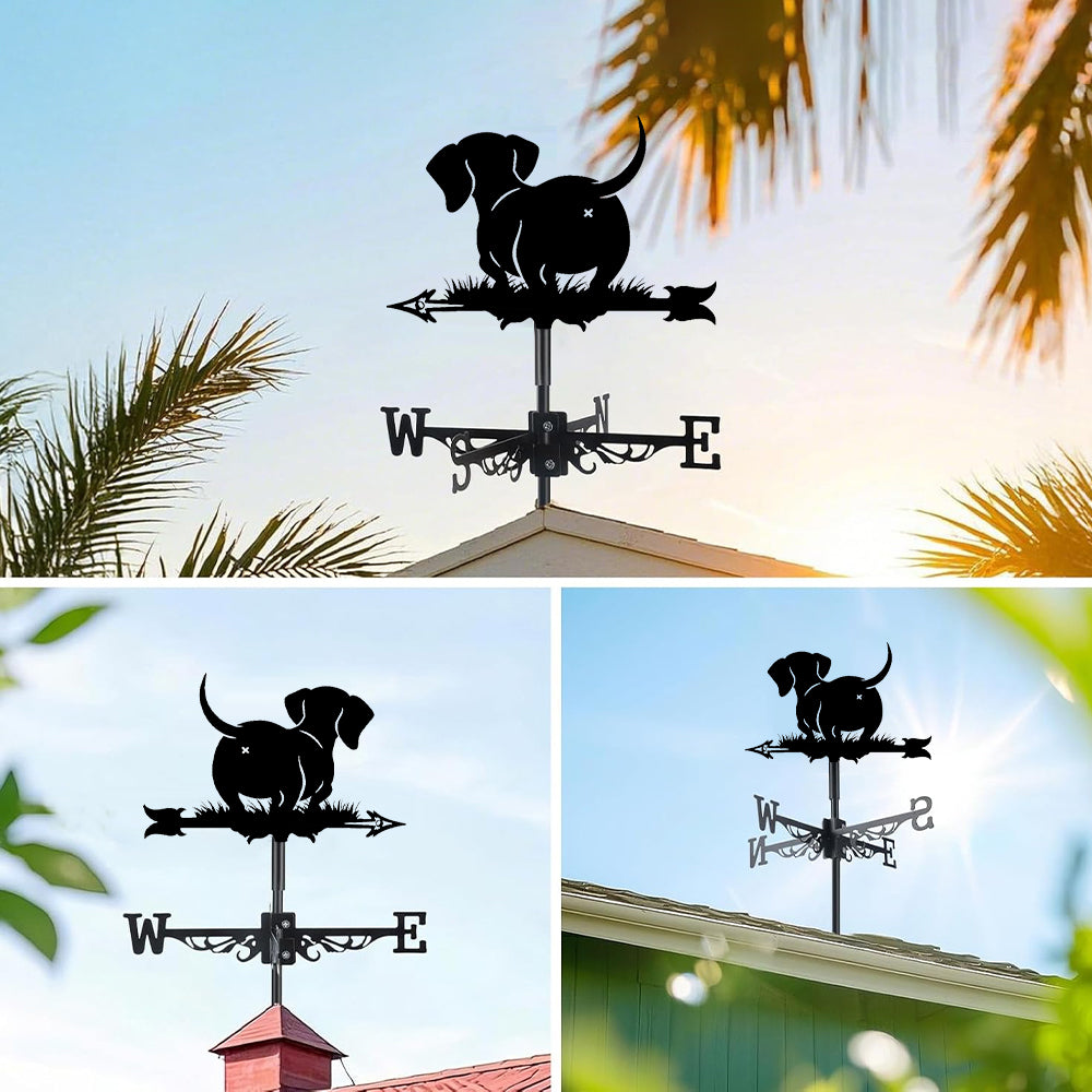 Dachshund metal weather vane with directional arrows and mounting rod, outdoor roof and garden decoration