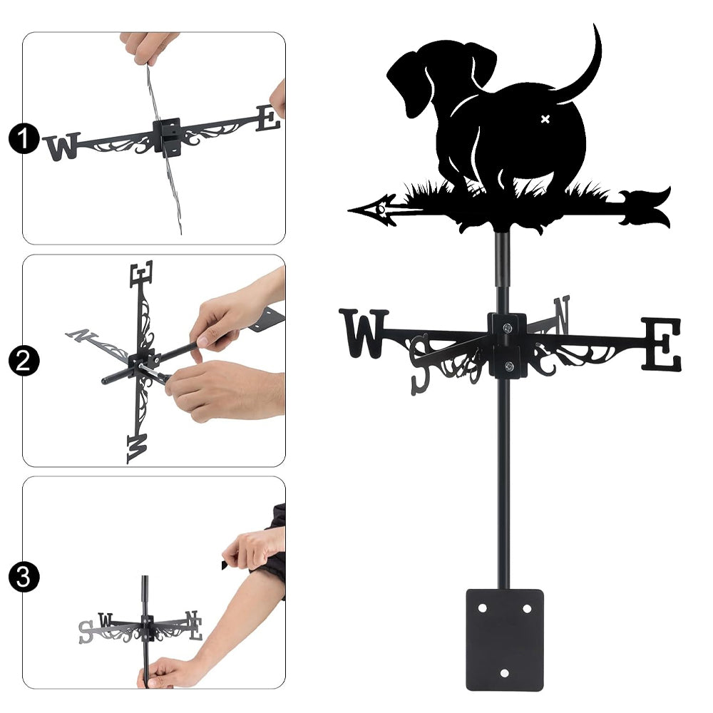 Dachshund metal weather vane with directional arrows and mounting rod, outdoor roof and garden decoration