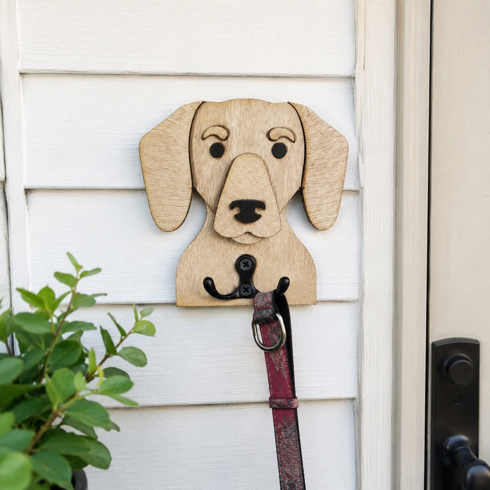 Wooden dachshund dog wall hook key and leash holder for home entryway organizer