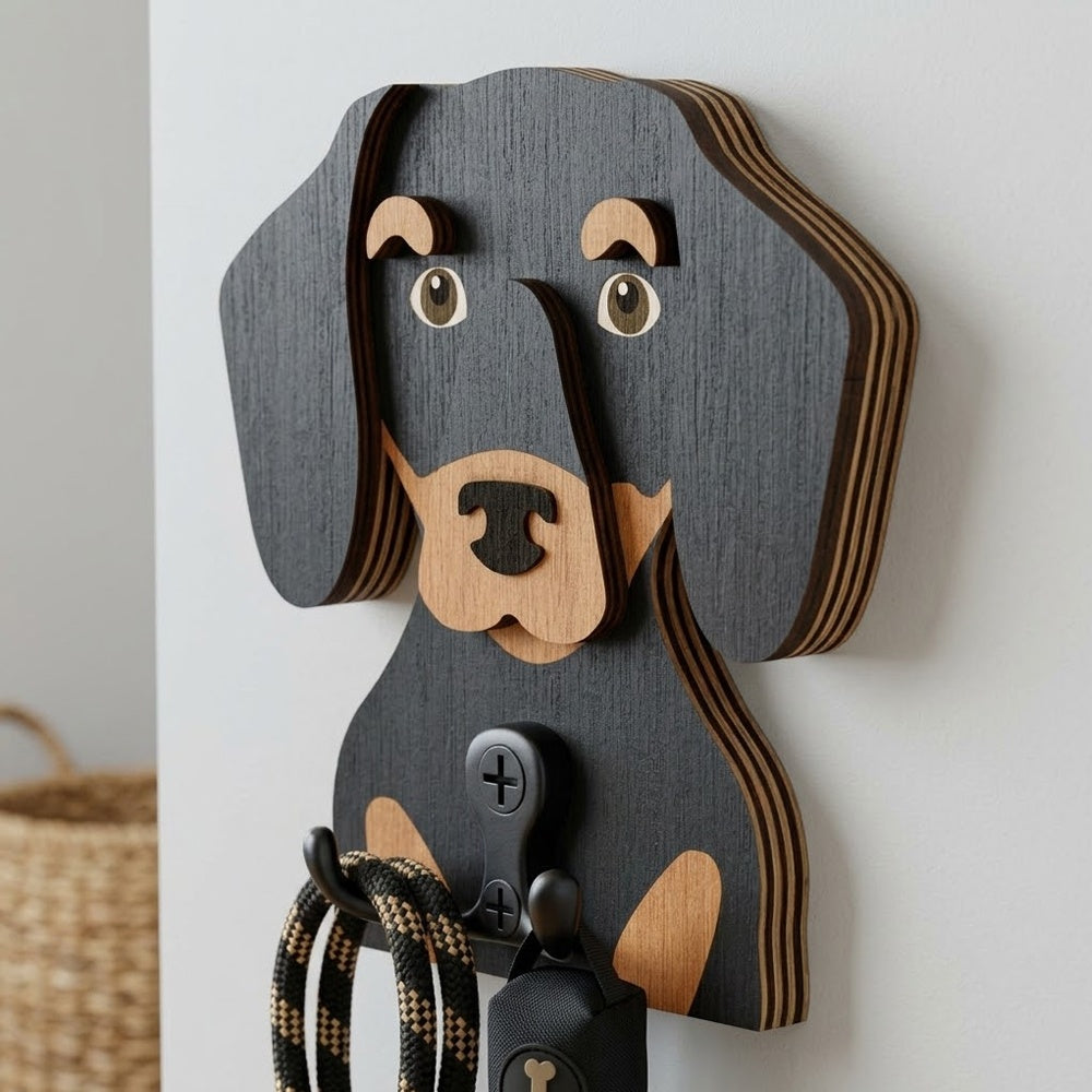 Wooden dachshund dog wall hook key and leash holder for home entryway organizer