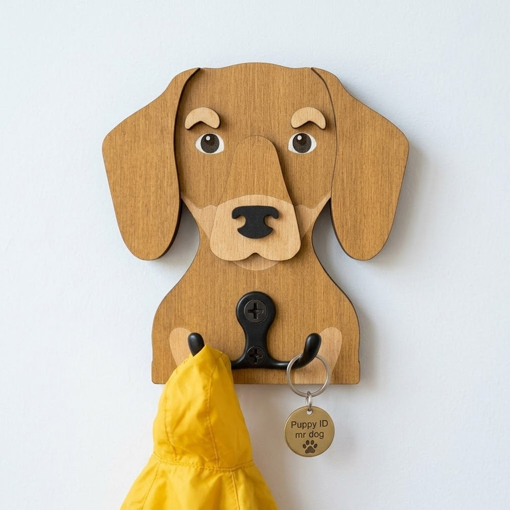 Wooden dachshund dog wall hook key and leash holder for home entryway organizer