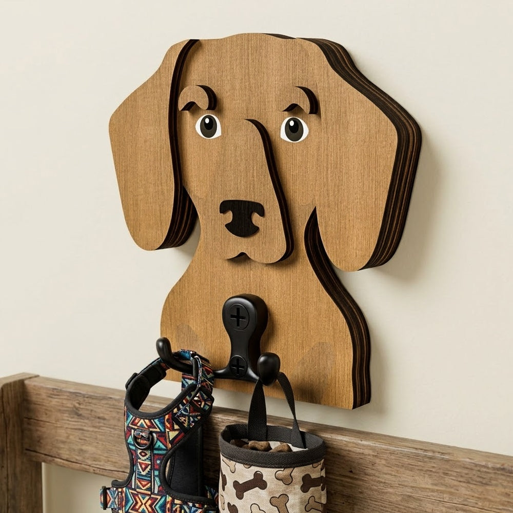 Wooden dachshund dog wall hook key and leash holder for home entryway organizer