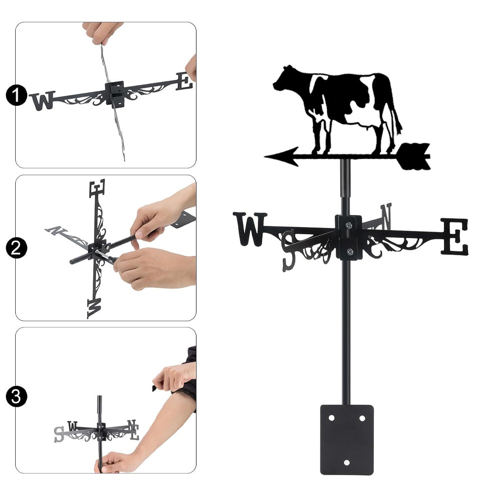 Dairy cow metal weather vane with directional arrows and mounting rod, outdoor roof and garden decoration
