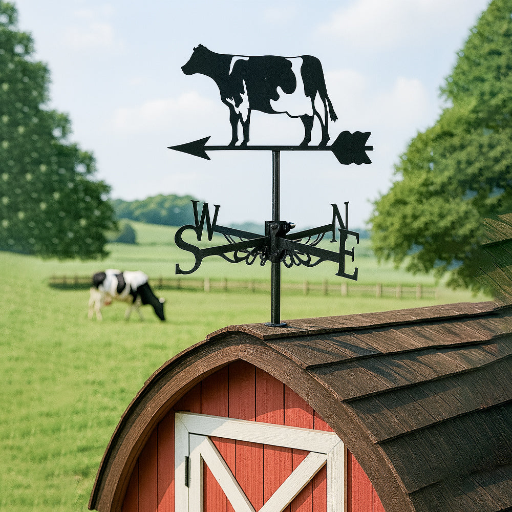 Dairy cow metal weather vane with directional arrows and mounting rod, outdoor roof and garden decoration