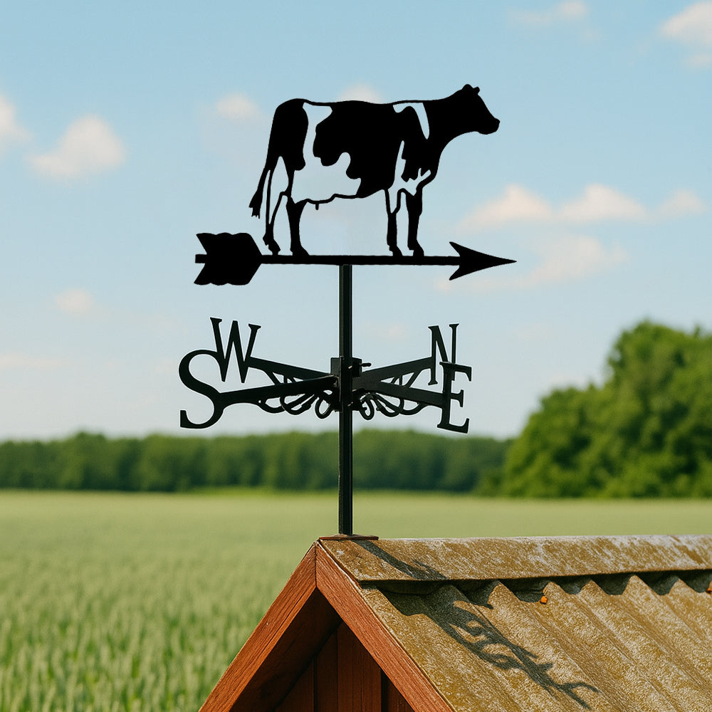 Dairy cow metal weather vane with directional arrows and mounting rod, outdoor roof and garden decoration