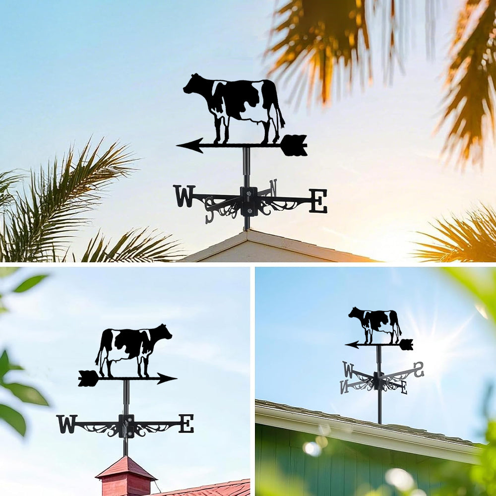Dairy cow metal weather vane with directional arrows and mounting rod, outdoor roof and garden decoration