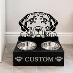 Personalized dalmatian metal dog bowl stand with custom name cutout and two removable feeding bowls