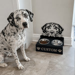 Personalized dalmatian metal dog bowl stand with custom name cutout and two removable feeding bowls