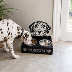 Personalized dalmatian metal dog bowl stand with custom name cutout and two removable feeding bowls