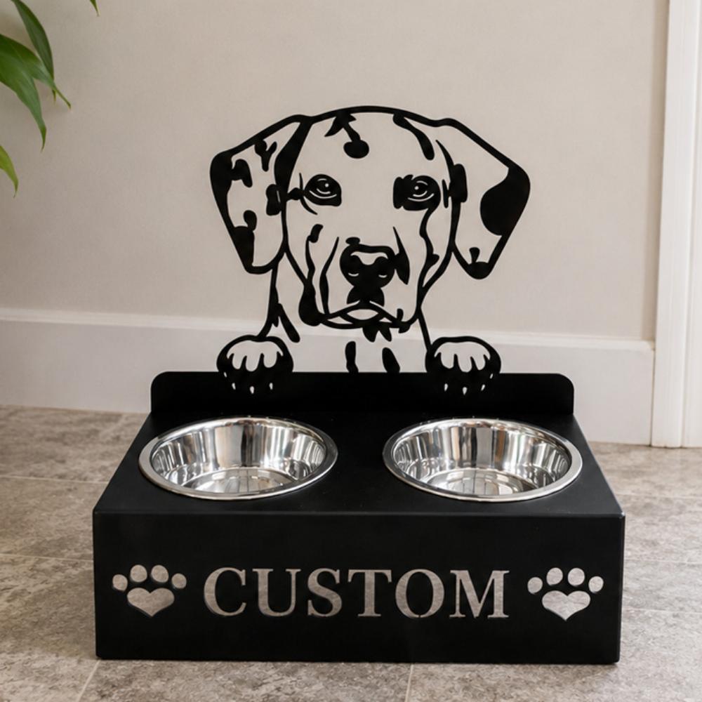 Personalized dalmatian metal dog bowl stand with custom name cutout and two removable feeding bowls