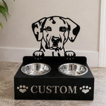 Personalized dalmatian metal dog bowl stand with custom name cutout and two removable feeding bowls