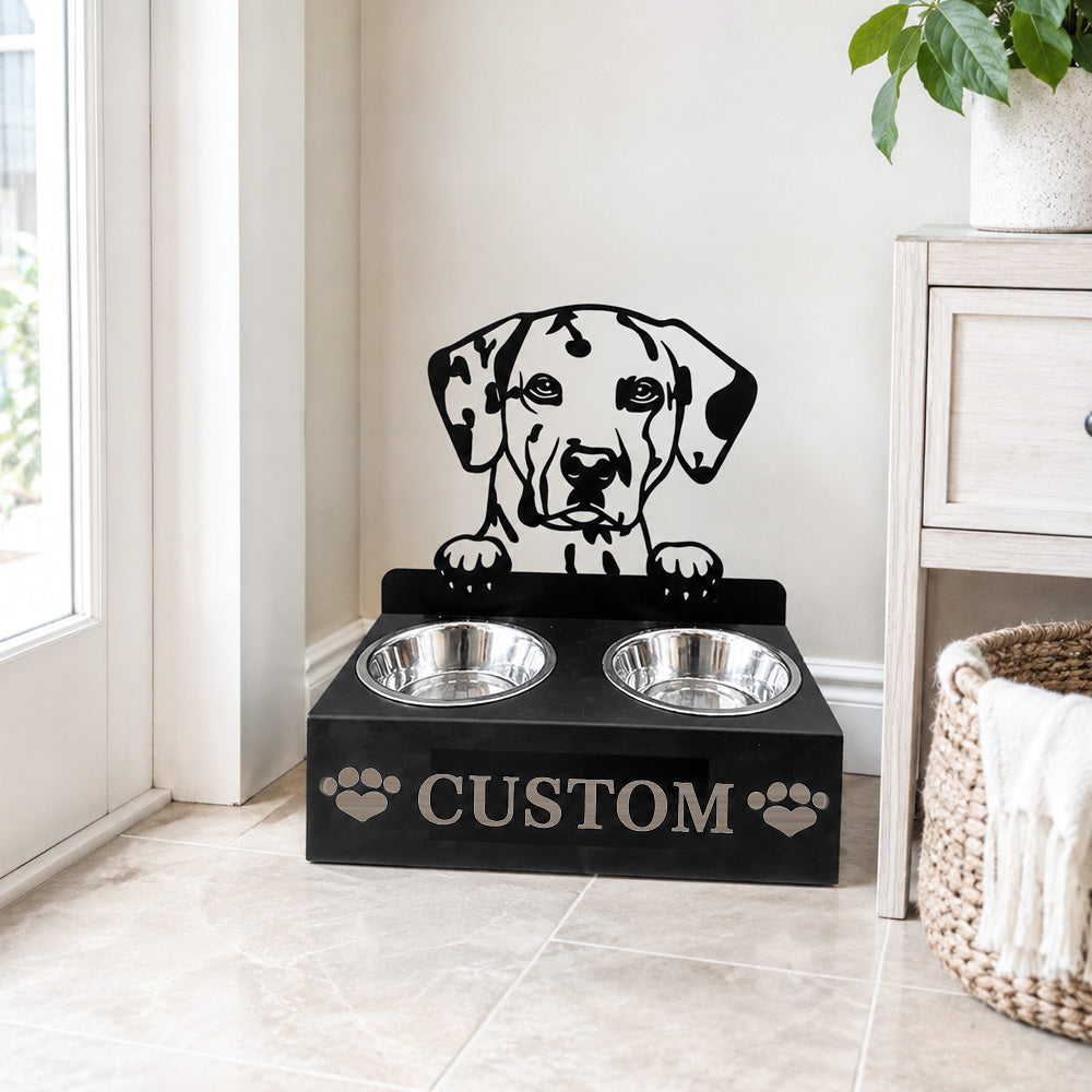 Personalized dalmatian metal dog bowl stand with custom name cutout and two removable feeding bowls