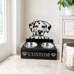 Personalized dalmatian metal dog bowl stand with custom name cutout and two removable feeding bowls
