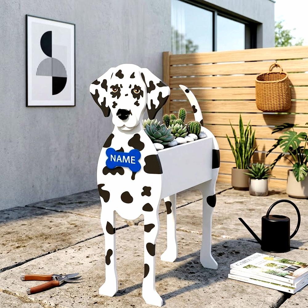 Decorative plant stand shaped like a Dalmatian dog planter on a patio