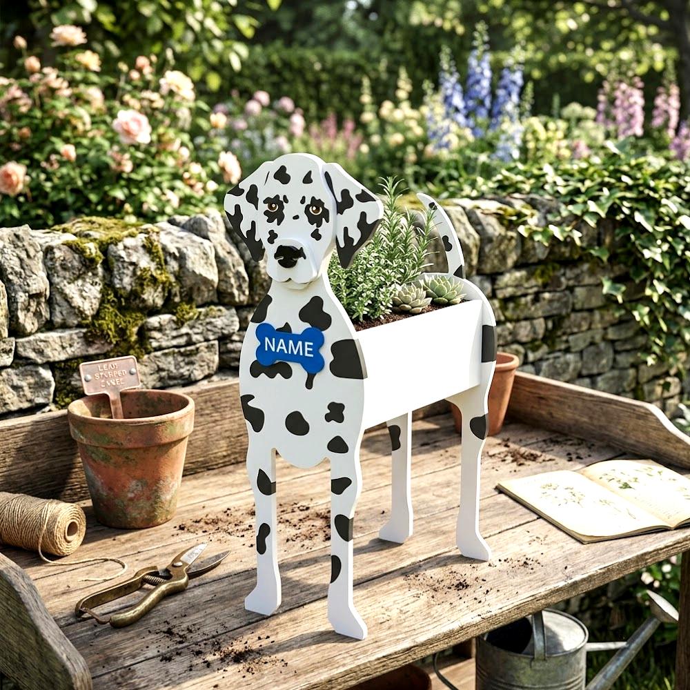 Decorative dalmatian dog planter with a 'NAME' tag on a wooden table outdoors