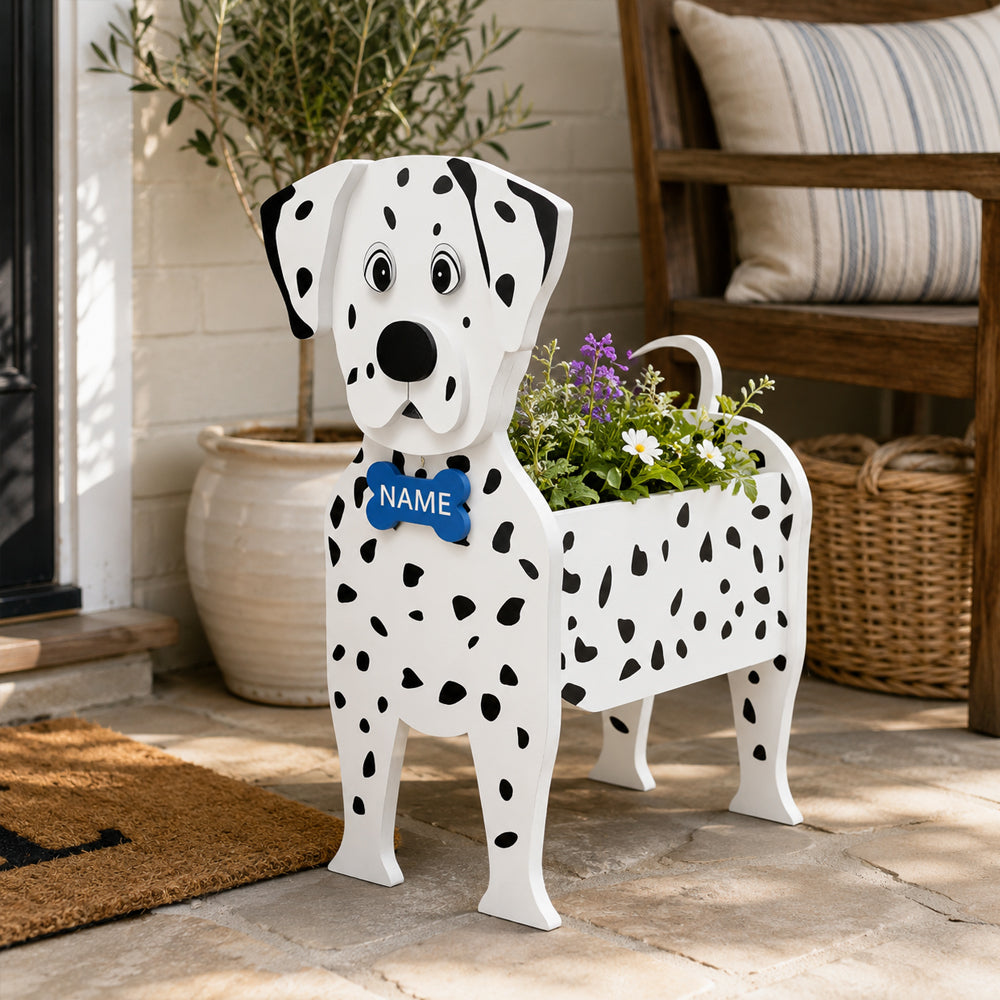 Decorative plant stand shaped like a Dalmatian dog planter on a patio