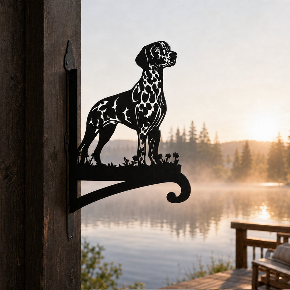 Dalmatian metal hanging basket bracket mounted on outdoor wall for plant decoration