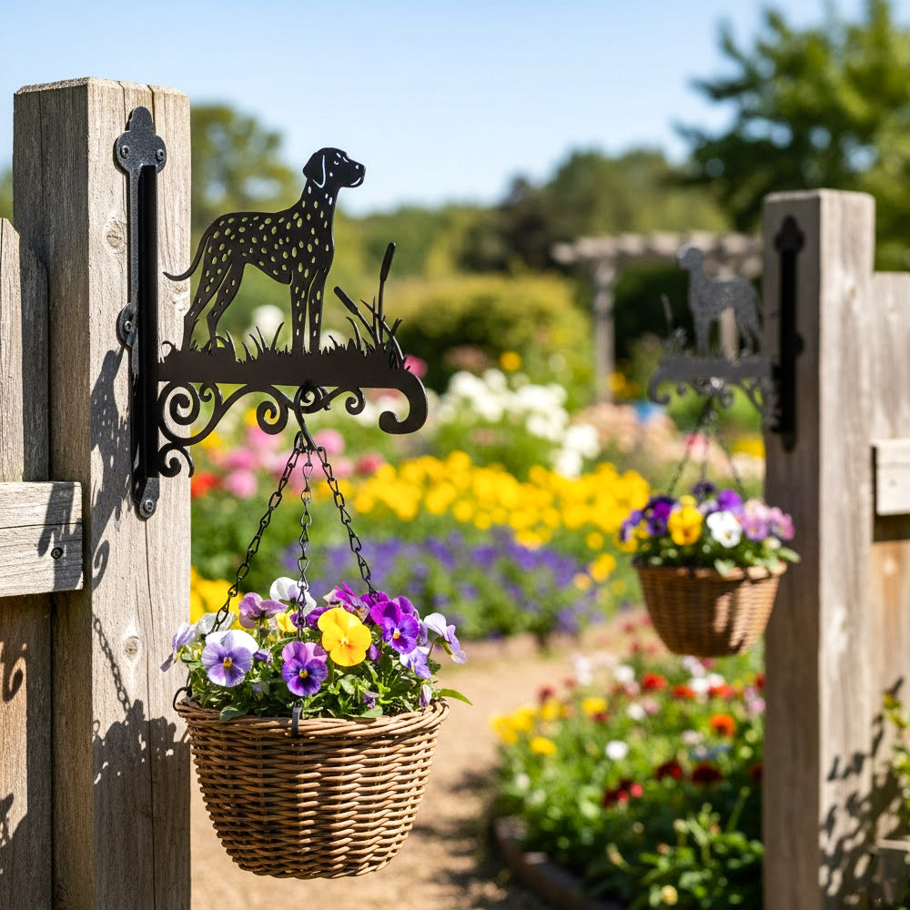 Dalmatian metal hanging basket bracket mounted on outdoor wall for plant decoration