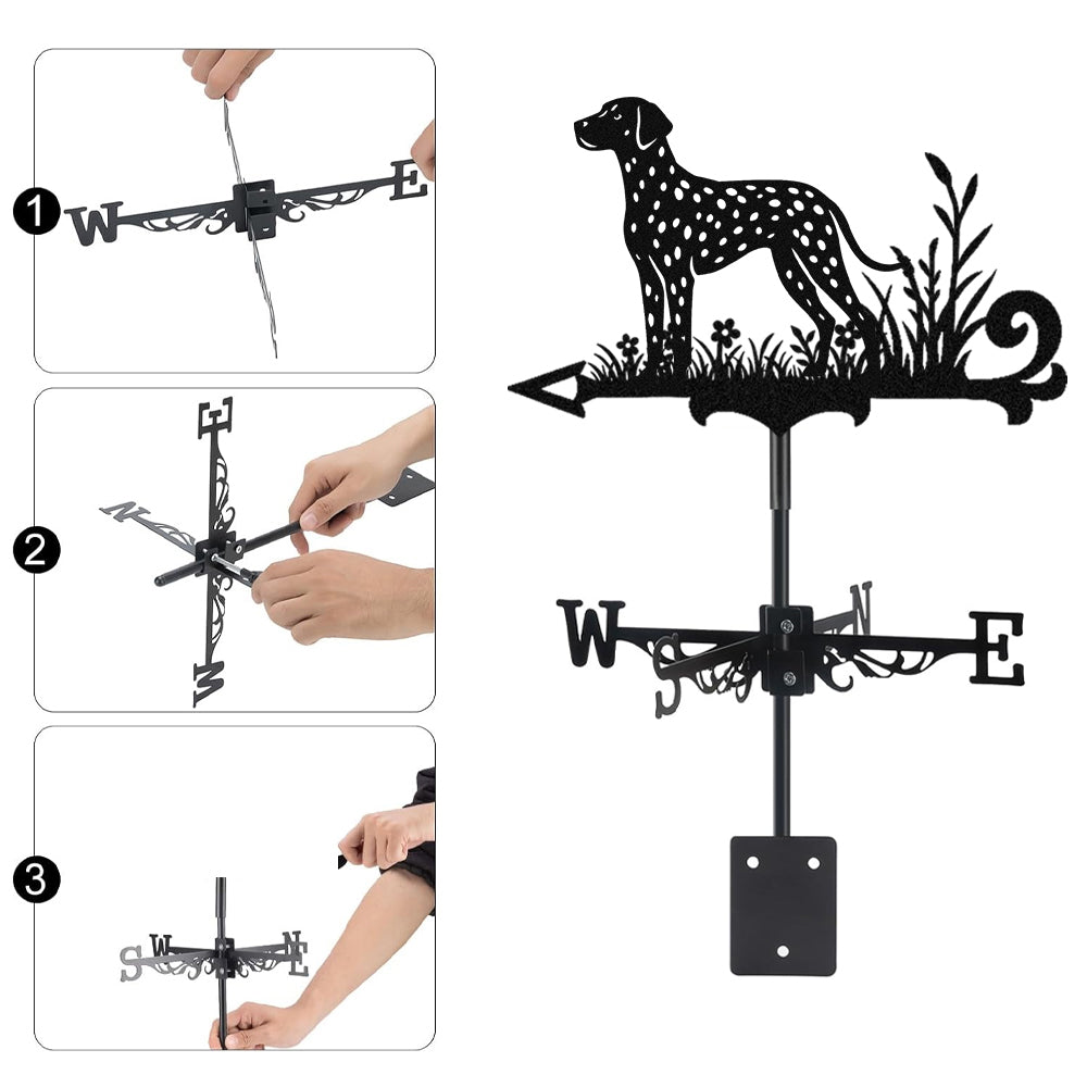 Dalmatian metal weather vane with directional arrows and mounting rod, outdoor roof and garden decoration