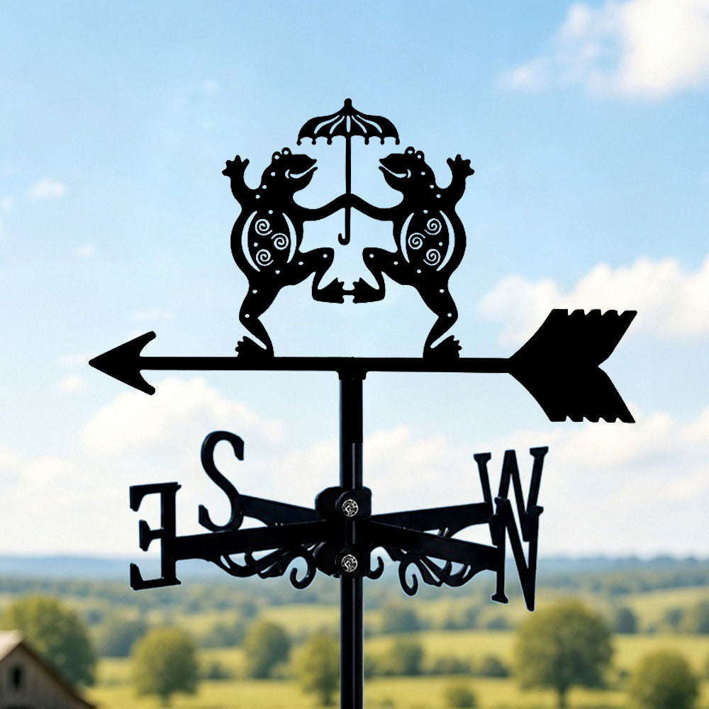 Dancing frogs metal weather vane with directional arrows and mounting rod, outdoor roof and garden decoration