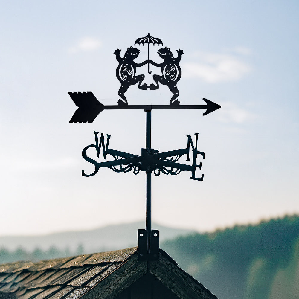 Dancing frogs metal weather vane with directional arrows and mounting rod, outdoor roof and garden decoration