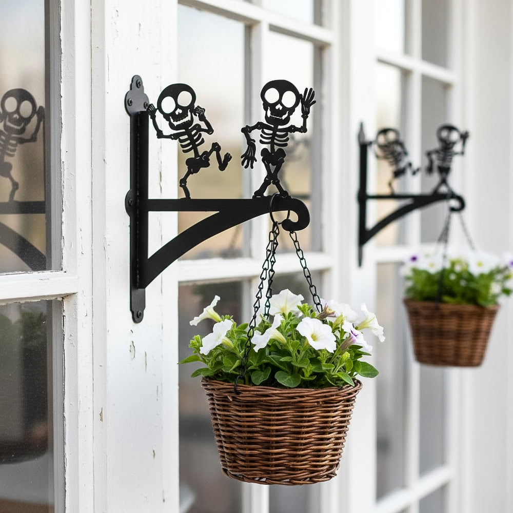 Dancing skeletons metal hanging basket bracket mounted on outdoor wall for plant decoration