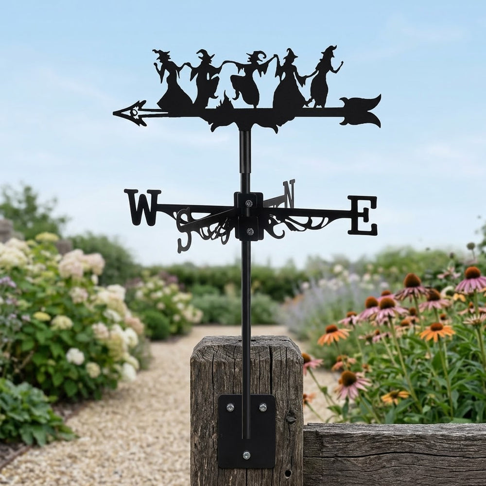 Dancing witches metal weather vane with directional arrows and mounting rod, outdoor roof and garden decoration