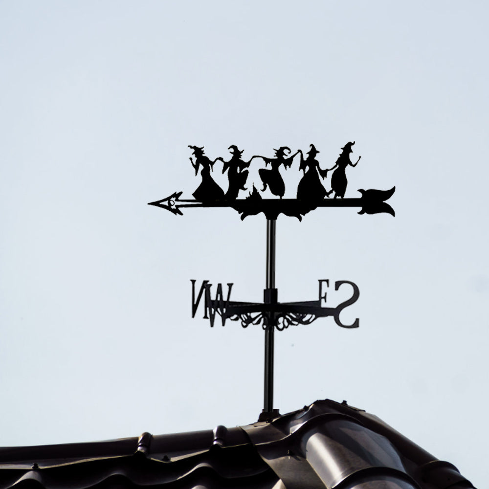 Dancing witches metal weather vane with directional arrows and mounting rod, outdoor roof and garden decoration