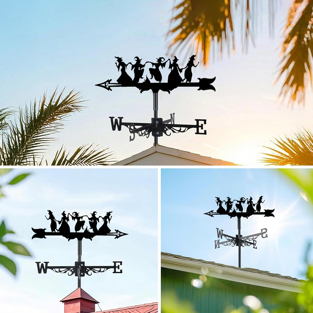 Dancing witches metal weather vane with directional arrows and mounting rod, outdoor roof and garden decoration