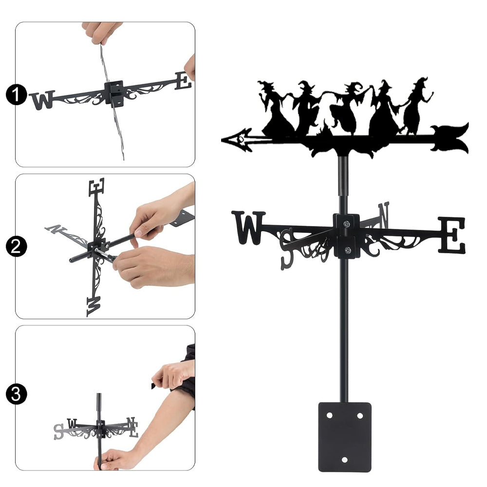 Dancing witches metal weather vane with directional arrows and mounting rod, outdoor roof and garden decoration