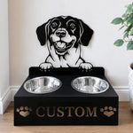 Personalized danish dachsbracke metal dog bowl stand with custom name cutout and two removable feeding bowls