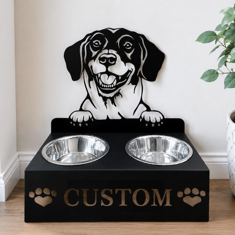 Personalized danish dachsbracke metal dog bowl stand with custom name cutout and two removable feeding bowls