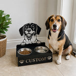 Personalized danish dachsbracke metal dog bowl stand with custom name cutout and two removable feeding bowls
