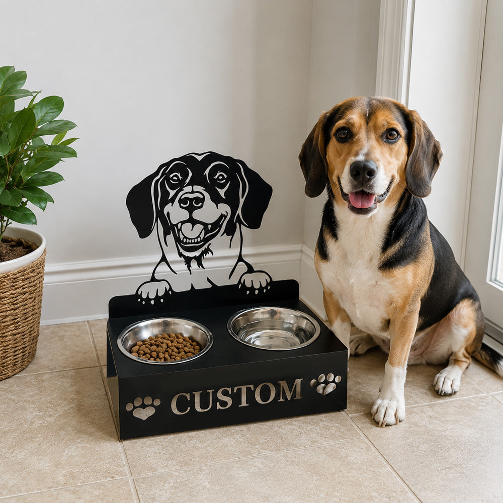 Personalized danish dachsbracke metal dog bowl stand with custom name cutout and two removable feeding bowls
