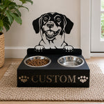 Personalized danish dachsbracke metal dog bowl stand with custom name cutout and two removable feeding bowls