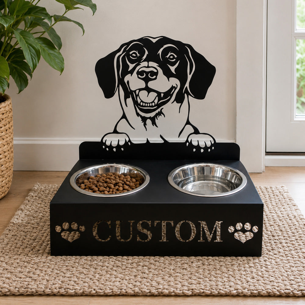 Personalized danish dachsbracke metal dog bowl stand with custom name cutout and two removable feeding bowls
