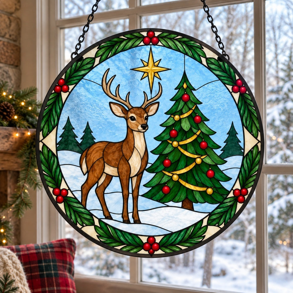 Deer and christmas tree stained glass suncatcher window hanging, suitable for home and garden decoration