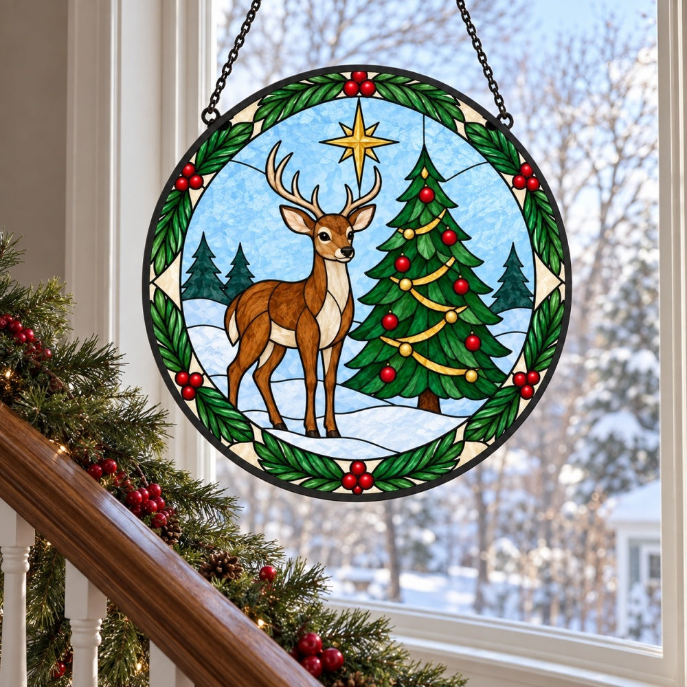 Deer and christmas tree stained glass suncatcher window hanging, suitable for home and garden decoration